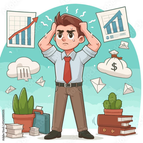 Cartoon illustration depicts a businessman experiencing stress and anxiety, surrounded by various work-related elements like charts, documents, and emails.