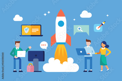 City children, a businessman with a rocket, and a man and a woman in a cartoon vector illustration of a successful business team concept