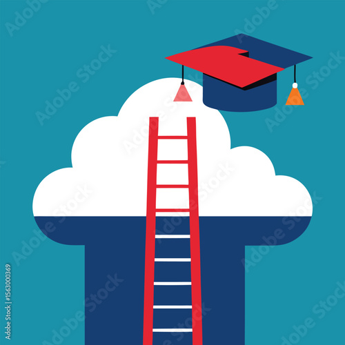 Business growth concept: 3D illustration of an upward ladder to success with an arrow symbolizing increased financial progress