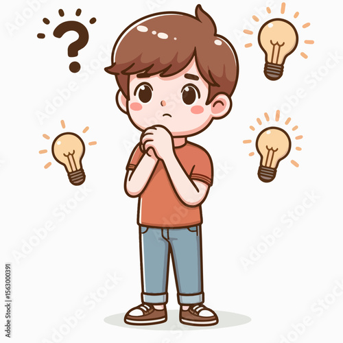Cartoon boy with a thoughtful expression, surrounded by lightbulb symbols,  depicts  a  moment  of  idea  generation.