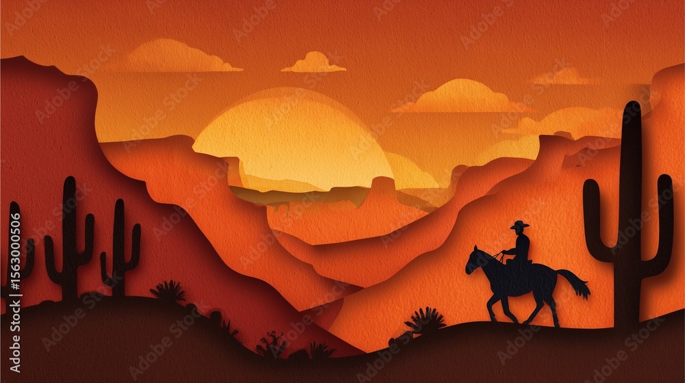 Fototapeta premium wild west sunset cowboy riding horse in desert landscape papercut style illustration with cactus and sunset mountains