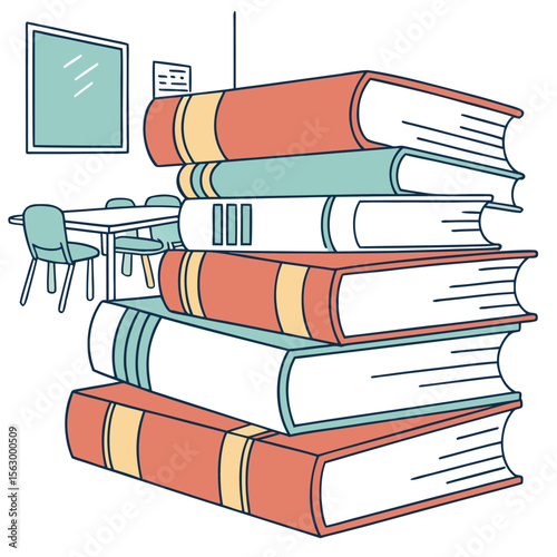 A stack of colorful books in a room with a table and chairs representing knowledge and education