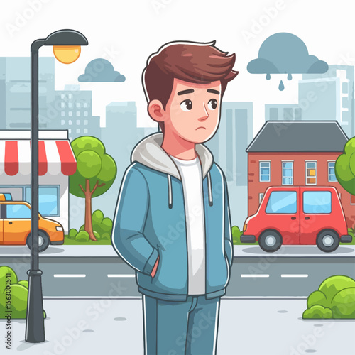 Young person in casual attire stands thoughtfully on a city street, on a cloudy, rainy day.