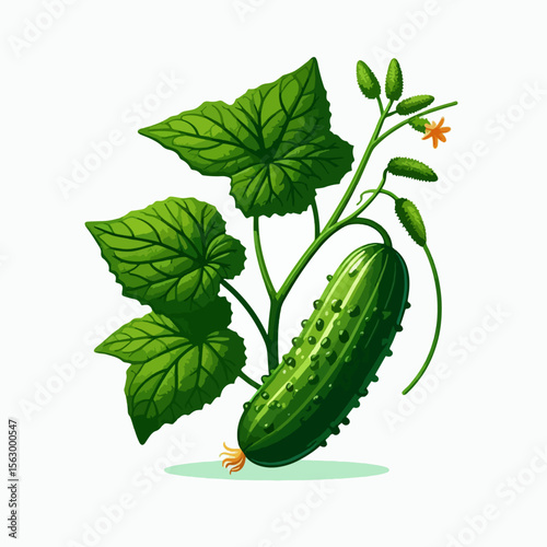 Visually appealing illustration of a cucumber plant, showcasing lush green leaves and a ripe cucumber on a branch with flowers.  The image is well-detailed and designed for a healthy food theme.