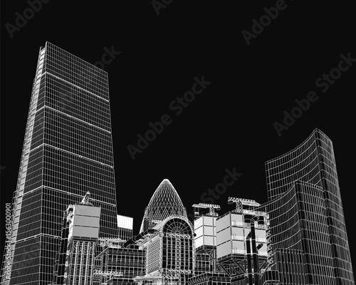 A black and white city skyline features towering skyscrapers under a dark, moody atmosphere. The detailed architecture stands out against the dramatic backdrop, creating a striking urban silhouette.