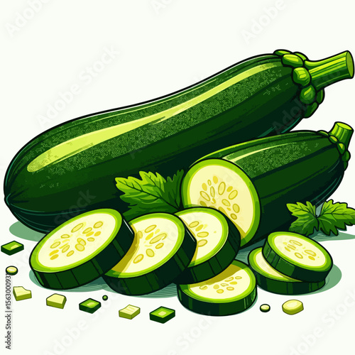 Vibrant illustration of two whole zucchinis and their sliced sections, accompanied by small bits of the vegetable and fresh herbs, positioned against a white background.