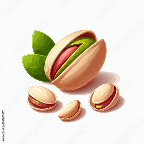 Colorful, detailed illustration of a pistachio in its shell, alongside three more whole pistachios, all set against a bright white background.  Green leaves are nearby.