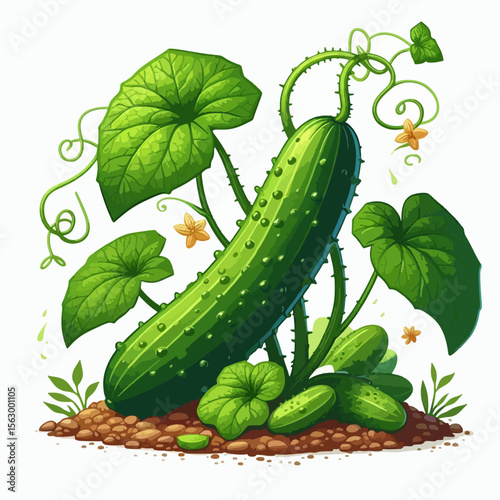 Detailed illustration of a cucumber plant with a large cucumber and smaller cucumbers growing.  Small yellow flowers and vines decorate the plant, set against a light background.