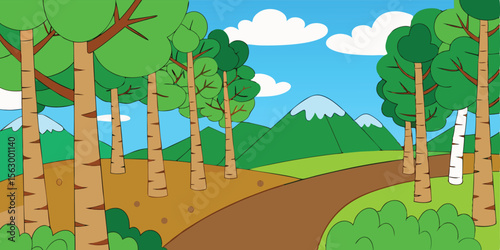 A vibrant cartoon landscape illustrates a serene meadow with trees, a winding river, and distant hills under a clear skyA vibrant cartoon landscape illustrates a serene meadow with trees, a winding ri