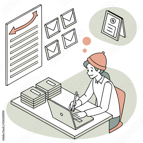 Young woman wearing a beanie sits at a desk working on a laptop surrounded by stacks of papers envelopes and a calendar symbolizing productivity and planning
