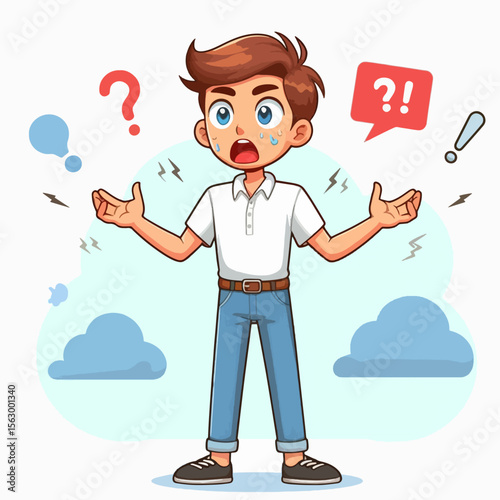 Cartoon boy is depicted in a posture of confusion and uncertainty, with expressive features, open arms, and question marks, showcasing a sense of doubt and perplexity.