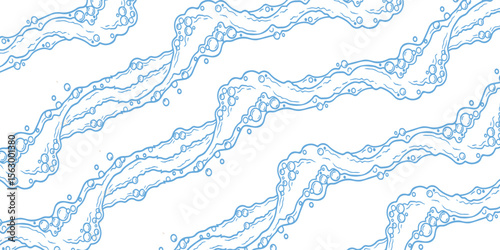 Seamless abstract blue fluid line pattern with bubble details. Ideal for science, water themes, backgrounds, or modern design. Keywords: abstract, seamless, line, fluid, water.