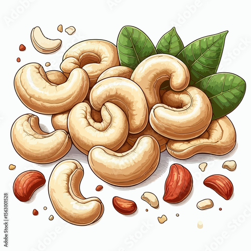 Vibrant graphic design showcasing a pile of cashews, scattered spices, and leaves.  The image is detailed and highlights the natural elements of the nuts.