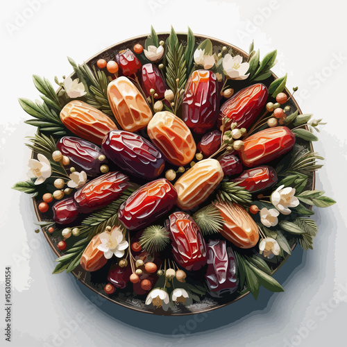 Stylized, artistic presentation of dates,  surrounded by sprigs of greenery, flowers, and berries.  The dates and botanicals form a vibrant circular pattern.