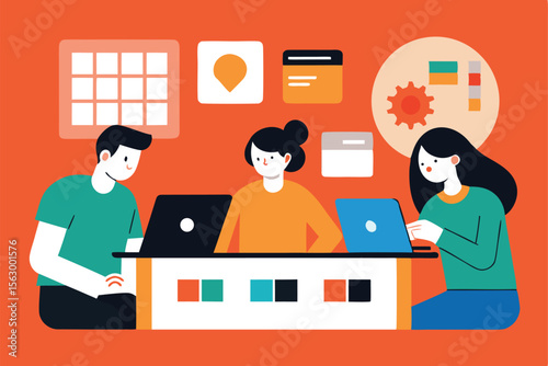 vector illustration of business people working together at a computer desk in an office meeting