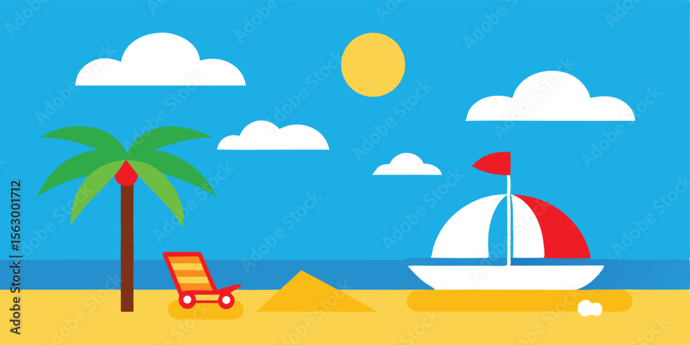 Fototapeta premium A tropical beach vector illustration with palm trees, sun, sand, and ocean waves, perfect for a summer vacation