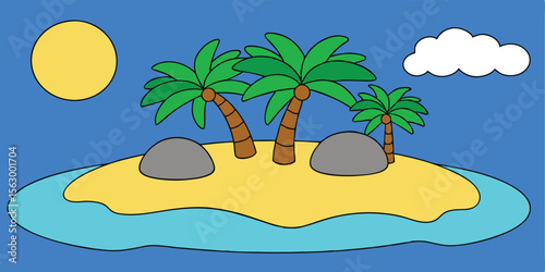 Tropical island beach vector with palm trees and summer ocean paradise illustration