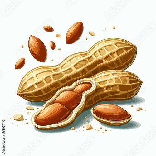 Vibrant image features several peanuts in their shells, some broken open to reveal the nutmeat, creating a visually engaging presentation of this popular food.