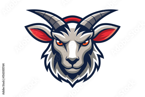 Aggressive stylized goat head gazes forward with determined fiery eyes and formidable horns
