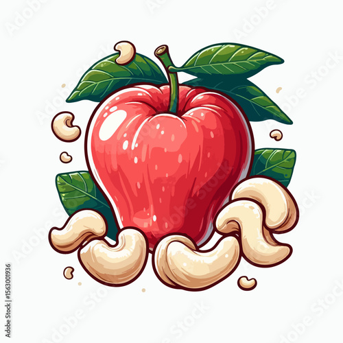 Digital illustration of a red  with cashew nuts, leaves and a decorative style.