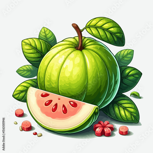 Digital illustration showcasing a whole guava fruit and a section of it, alongside leaves and small, colorful elements.