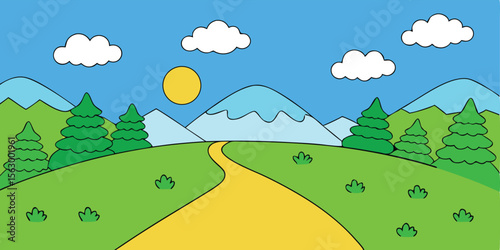 Vibrant summer landscape vector with green trees, fields, and rolling hills under a sunny, cloudy sky
