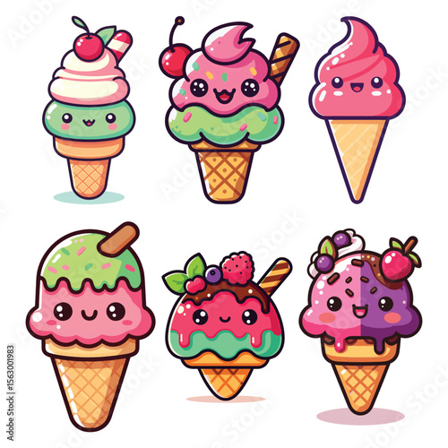 Kawaii ice cream cones with fruit and candy toppings