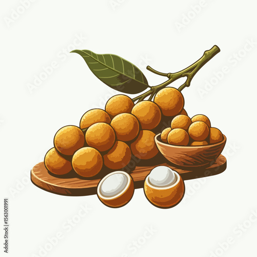 Detailed,  colorfully illustrated display of longan fruits, showcasing a cluster of whole fruits and halved sections in a wooden bowl and on a wooden plank.