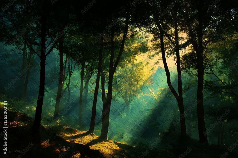 Fototapeta premium sunlight in deep forest with golden light and green trees