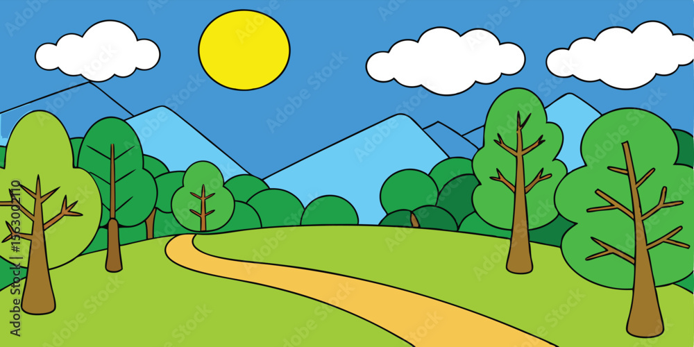 Obraz premium A vibrant summer landscape featuring green hills, trees, and a bright sky with fluffy clouds