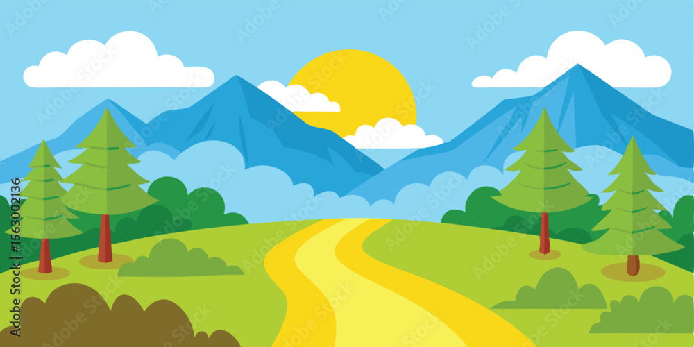 Obraz premium Natural landscape scene with green trees, mountains, and a blue sky with clouds