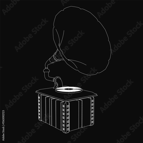 A vintage gramophone stands out in intricate black and white detail against a dark background. The iconic horn, handle, and turntable are sharply defined.