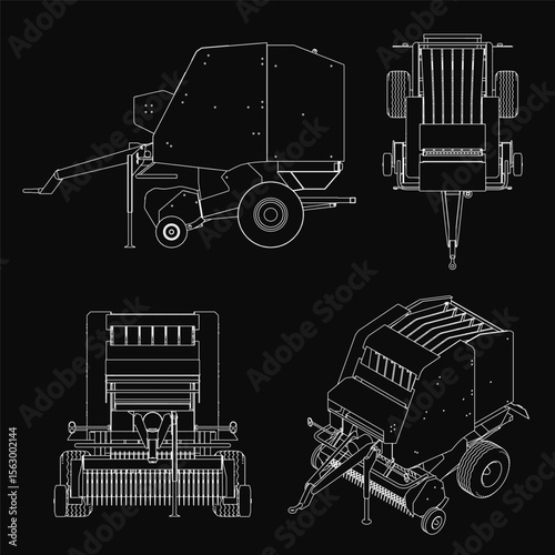 Four combine harvesters in blueprint style showcase detailed headlights, grilles, and wheels against a black background. The white outlines create a striking contrast.