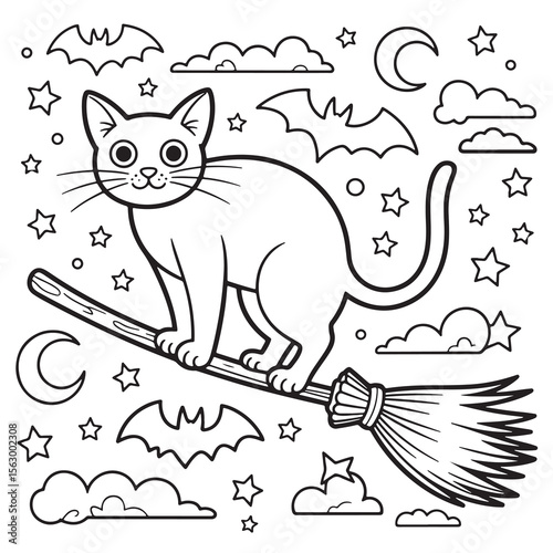 Black Cat Flying on Witch Broom | Spooky Halloween Coloring Page