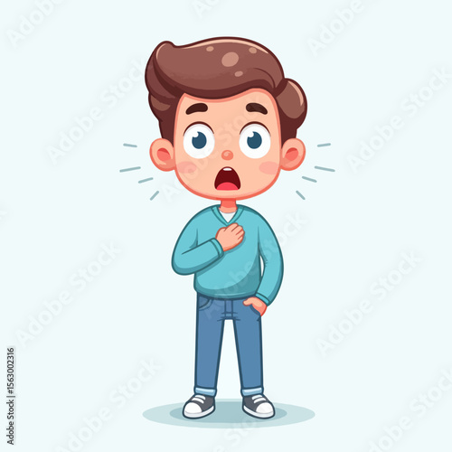 Cartoon drawing of a young boy with a surprised and shocked expression. He is standing in a light teal outfit, and his expression is intense.