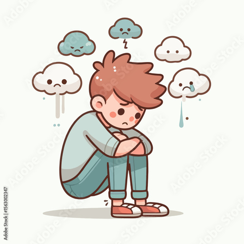 Cartoon illustration of a young person experiencing sadness, with various emotional clouds surrounding them.  The style is light and pastel, depicting a moment of distress.