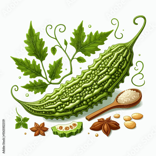 Detailed illustration showcases a bitter melon and accompanying culinary herbs and seeds, including star anise, arranged in a vibrant composition against a white background.