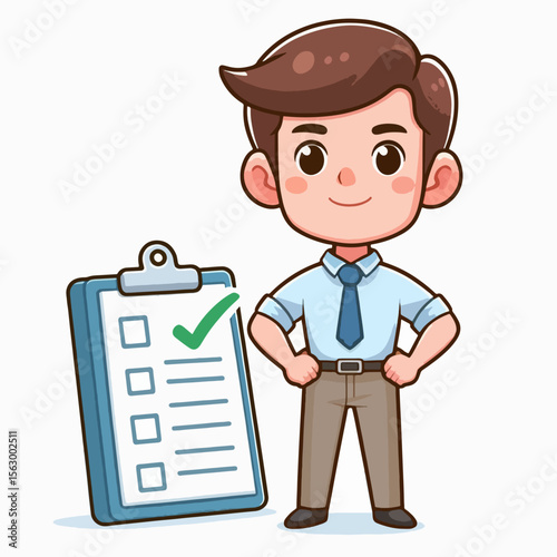 Cheerful cartoon businessman stands confidently by a checklist, signifying completion or task accomplishment.