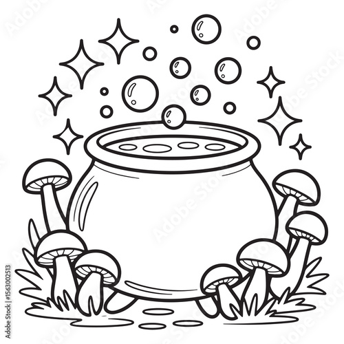 Bubbling Witch Cauldron | Spooky Halloween Potion Line Art Coloring Page