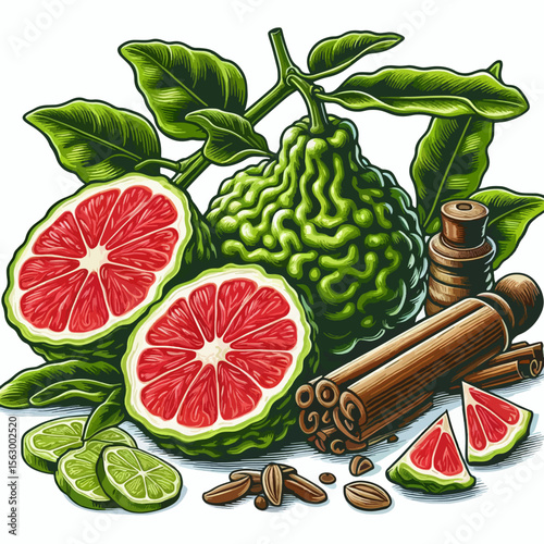 Vibrant graphic design of cut citrus fruits,  spices, and leaves,  creating an appetizing and colorful display of exotic ingredients.