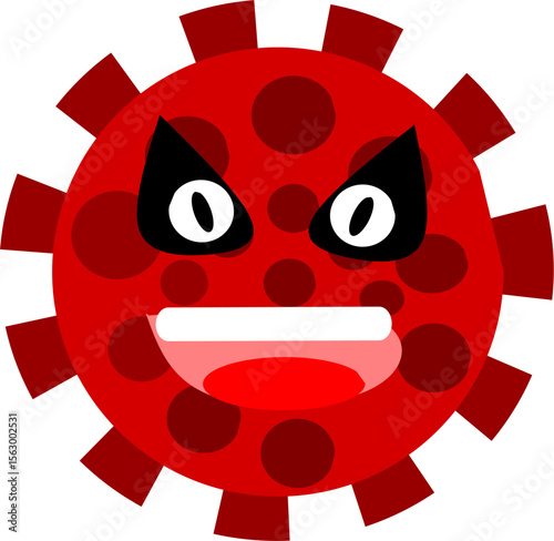 Menacing red cartoon virus icon illustration. Flat minimalist design perfect for health warnings, pandemic concepts, or threat representation. Versatile design element, ideal for web, apps, and print.