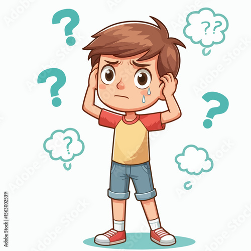 Cartoon illustration of a young boy with a troubled expression, surrounded by question marks and thought bubbles, depicting confusion and uncertainty.