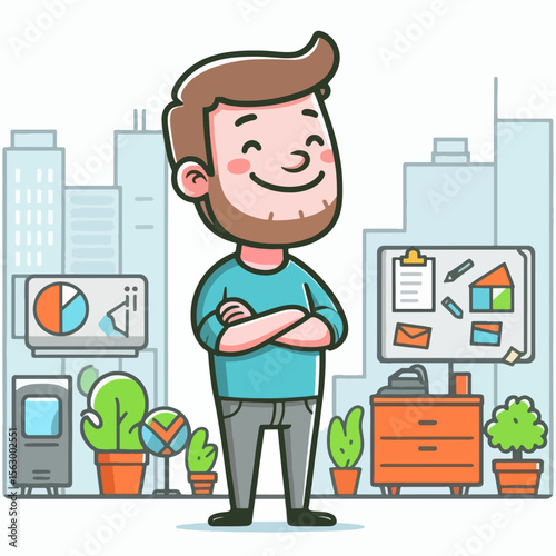 Cartoon illustration of a pleased male worker, positioned in a well-designed modern office.