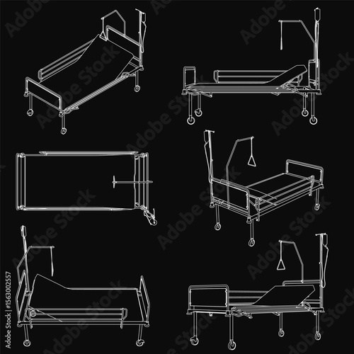 Four hospital beds with distinct designs stand in a row against a black background. Each bed features a white frame, visible headboard, and neatly placed mattress.