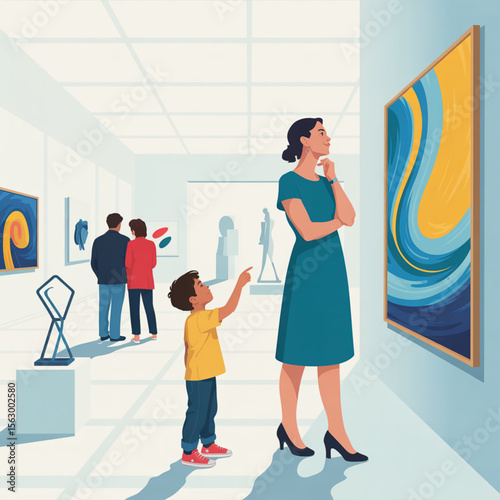 Modern Exhibition Space with People Admiring Art and Expressive Reactions