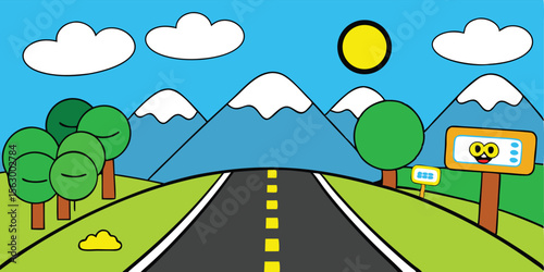 Mountain highway landscape with a winding asphalt road stretching through green forests towards a summer sky and horizon
