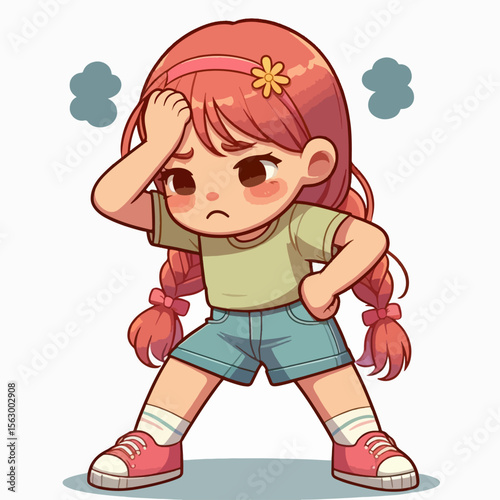 Digital illustration of a young girl with a troubled expression. Her hand is on her forehead, conveying a state of frustration.