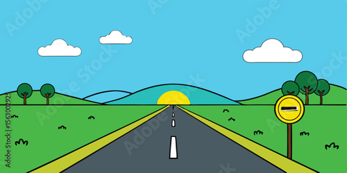 Open asphalt highway winding through a green rural landscape under a summer sky with a distant city on the horizon