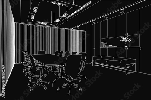A black and white drawing of a modern conference room with a large table surrounded by chairs. The space includes a sofa, a flower vase, books on shelves, and ceiling lights.