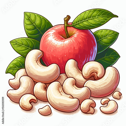 Digital illustration showcasing a red  and a pile of cashews, set against a white background.  The cashews and  are realistically depicted.